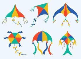 Drachen Satz von Vektorsymbolen. handgezeichnete Illustrationen. Papierspielzeug für Kinder, verziert mit Schleifen, Bällen, Bändern. helle Cartoon-Elemente haben die Form einer Raute, eines Dreiecks oder eines Polygons. flacher Stil. vektor