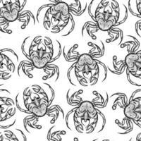färska krabbor sömlösa vektormönster. handritad illustration. skiss över skaldjursdelikatesser. gravyr havsdjur på en vit bakgrund. kräftor i skal monokrom koncept. vektor