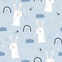 sömlösa mönster vektor himmel bakgrund har en vit kanin med moln och regnbåge handritad design i tecknad stil, användning för tryck, tapeter, kläder, textilier.