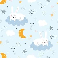 sömlösa mönster vektor himmel bakgrund med vit kanin liggande på molnen handritad design i tecknad stil, användning för tryck, tapeter, textilkläder.