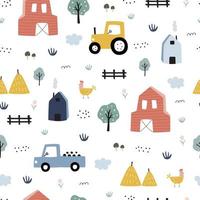 gård sömlösa mönster härlig landskap bakgrund med bil traktorer och hus. handritad design i tecknad stil, användning för tryck, tapeter, barnkläder, mode. vektor illustration