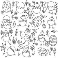 uppsättning av påskklotterhöns och ägg, vårklotter från blommor och löv, påskjakt målarbok vektor