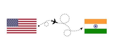 Flug und Reise von den USA nach Indien mit dem Reisekonzept des Passagierflugzeugs vektor