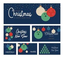 Bowling-Weihnachtskartenset. frohe weihnachten sport flache grußkarte. Hängen Sie an einem Thread Bowlingball als Weihnachtskugel und Farbkugel auf blauem Hintergrund. Sport-Vektor-Illustration-Sammlung. vektor