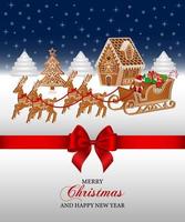 Weihnachtshintergrund mit Lebkuchenhaus, Schlitten und roter Schleife vektor