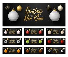 Sport-Weihnachten und ein glückliches neues Jahr-Luxus-Banner-Set. Sammlung von Weihnachtsgrußkarten mit Sportball als Weihnachtsball auf schwarzem Hintergrund. Vektorillustrationssatz vektor