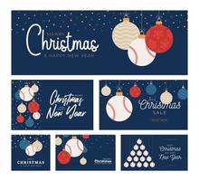 baseball julkort set. god jul sport platt gratulationskort. hänga på en tråd baseball boll som en xmas boll och färg grannlåt på blå bakgrund. sport vektor illustration samling.