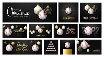 Baseball-Weihnachtskartenset. frohe weihnachten sportgrußkarte. Hängen Sie an einem Faden-Baseball-Ball als Weihnachtskugel und goldener Kugel auf schwarzem Hintergrund. Sport-Vektor-Illustration-Sammlung. vektor