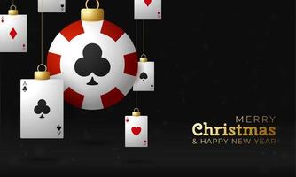 Poker-Weihnachtskarte. frohe weihnachten sportgrußkarte. Hängen Sie an einem Thread-Poker-Chip als Weihnachtskugel und goldener Kugel auf schwarzem Hintergrund. Sport-Vektor-Illustration. vektor