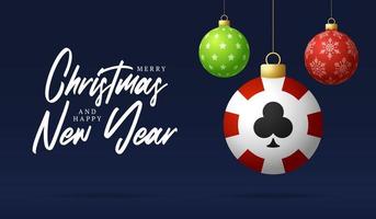 Poker-Weihnachtskarte. frohe weihnachten sportgrußkarte. Hängen Sie an einem Thread-Poker-Chip als Weihnachtskugel und goldener Kugel auf schwarzem Hintergrund. Sport-Vektor-Illustration. vektor