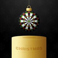 Dart Christbaumkugel Sockel. frohe weihnachten sportgrußkarte. Hängen Sie an einer Faden-Dartscheibe als Weihnachtskugel auf goldenem Podium auf schwarzem Hintergrund. Sport-Vektor-Illustration. vektor