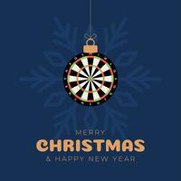 Dart-Weihnachtskarte. frohe weihnachten sportgrußkarte. Hängen Sie an einer Faden-Dartscheibe als Weihnachtskugel und goldener Kugel auf schwarzem Hintergrund. Sport-Vektor-Illustration. vektor
