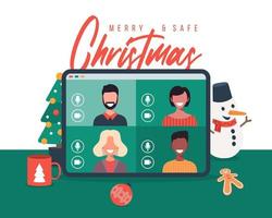 Online-Weihnachtsfeier-Illustration auf Tablet. Frohe Weihnachtsfeier neues normales Konzept mit Konferenz. eine Gruppe von Menschen in Winteranzügen trifft sich online per Videokonferenz. vektor