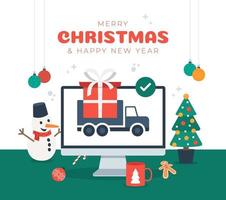 Lieferung von Weihnachtsgeschenken. Online-Shopping-Logistik-LKW mit Geschenkanhänger. Online-Lieferservice kontaktlos nach Hause, Büro per LKW. vektor