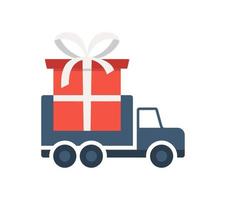 Lieferung von Weihnachtsgeschenken. Online-Shopping-Logistik-LKW mit Geschenkanhänger. Online-Lieferservice kontaktlos nach Hause, Büro per LKW. vektor