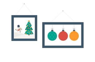 gallerivägg, god jul och gott nytt år kortdesign. xmas och nyår hängande bilder. platt illustration av merry christmas tema bilder hänger på vit vägg bakgrund vektor