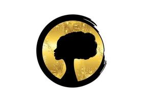 Afro-Frisuren, Porträt-Schönheits-Frauenfriseursalon-Luxus-Runde-Logo-Design-Silhouette, Blattgoldfolien-Kreismode-Symbol, Vektor isoliert auf weißem Hintergrund