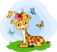 söt liten giraff som sitter i gräset vektor