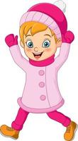 glückliches Mädchen in rosa Winterkleidung zu Fuß vektor