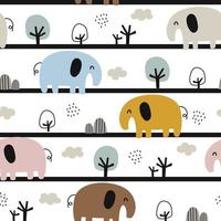 sömlöst mönster liten elefant med träd och moln sött djur tecknad bakgrund handritad design i tecknad stil för tryck, tapeter, kläder, textil vektorillustration vektor