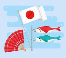 japanische Flagge mit Fächer und Fischen vektor
