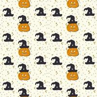 ett mönster med ett snidat läskigt pumpansikte. häxhatt med pumpa för halloween textilier. substratet är i svart och orange höstfärg. vektor illustration