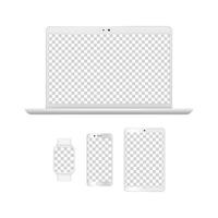 Gerätemodelle realistische weiße Laptop-Smartphone-Tabellen Smart Clock isolierte Gadgets mit transparenten Bildschirmen Vektor-Illustration Laptop-Computer-Monitor-Modell Notebook-Bildschirmtelefon