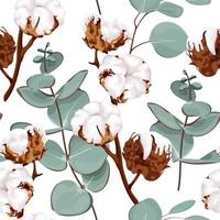nahtloses Muster mit Baumwollblumen und Eukalyptuszweigen. botanische Vektorillustration auf weißem Hintergrund. vektor