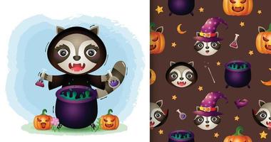 en söt tvättbjörn med häxdräkt halloween karaktärssamling. sömlösa mönster och illustrationer vektor