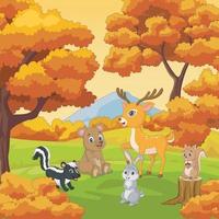 Cartoon glückliche Tiere mit Herbstwald Hintergrund vektor