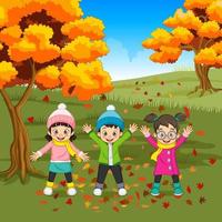 Cartoon glückliche Kinder spielen im Herbst Hintergrund vektor