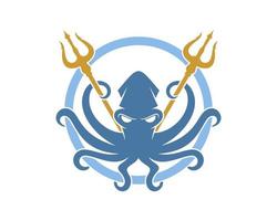 Oktopus mit goldenem Dreizack-Logo vektor