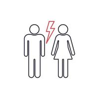 frånskilt par. svart linje ikon av man och kvinna med röda blixtar. bryta upp förhållandet ikon. man och kvinna grälar. familjelivets slut. vektor illustration