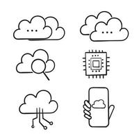 handritad doodle cloud computing. internetteknik. online tjänster. data, informationssäkerhet. förbindelse. isolerade ikon vektor