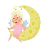 kleines süßes Engelsmädchen im rosa Kleid sitzt auf dem Mond und winkt mit der Hand im Cartoon-Stil