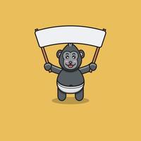 süßer Babygorilla mit großem leerem Banner. Charakter, Maskottchen, Symbol, Logo, Cartoon und süßes Design. vektor