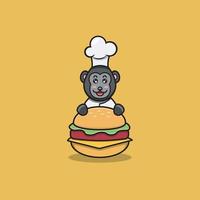 süßer Baby-Gorilla-Koch auf Hamburger. Charakter, Maskottchen, Symbol, Logo, Cartoon und süßes Design. vektor