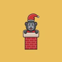 süßer Baby-Gorilla mit Weihnachtsmann-Kostüm und auf Hauskamin. Charakter, Maskottchen, Symbol, Logo, Cartoon und süßes Design. vektor