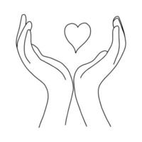 Zwei Handflächen halten das Herz. Umrisszeichnung von Hand. Liebe und Glück. Schwarz-Weiß-Illustration. Monochromes Design. Liebhaber. Valentinstag. Vektorillustration vektor