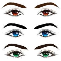 Satz schöne braune, blaue und grüne weibliche Augen mit dicken schwarzen Wimpern. vektor