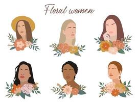 Reihe von abstrakten Frauenillustrationen, die mit Blumen auf weißem Hintergrund verziert sind. gut für Poster, Drucke, Karten, Aufkleberdekor. Feminismus, Thema des internationalen Frauentages. eps 10 vektor