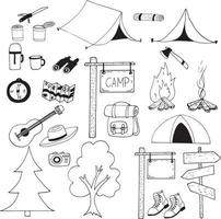 Camp-Set-Symbol. handgezeichnetes Gekritzel. , skandinavisch, nordisch, minimalismus, monochrom wandern lagerfeuerzelt konservenrucksack vektor