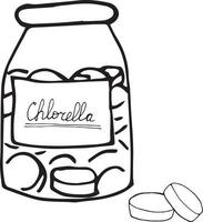 Glasflasche und Pillen Chlorella handgezeichnet im Doodle-Stil. Einzelelement für Design Superfood, Algen, Pharmazie, Medizin vektor