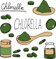 chlorella handritad i doodle stil. uppsättning element för design, samling. supermat, tång, grönt, tabletter, kapslar, skedpulver vektor