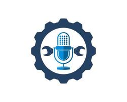 mechanisches Getriebe mit Podcast-Mikrofon und Reparaturschlüssel vektor