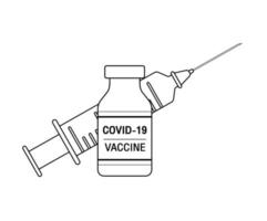 Injektionssymbol. einfacher Vektor. Konturspritzenschild mit Nadel und Medikamenten. Impfung.