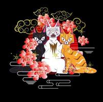 Katzenillustrationsdesign für Sukajan ist mittleres japanisches traditionelles Tuch oder T-Shirt mit digitaler handgezeichneter Stickerei Frauen-T-Shirts Sommer lässiges Kurzarm-Hip-Hop-T-Shirt Streetwear vektor