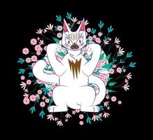 Katzenillustrationsdesign für Sukajan ist mittleres japanisches traditionelles Tuch oder T-Shirt mit digitaler handgezeichneter Stickerei Frauen-T-Shirts Sommer lässiges Kurzarm-Hip-Hop-T-Shirt Streetwear vektor