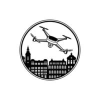 Drohnendesign im Zusammenhang mit dem Logo des Drohnenservice-Unternehmens. Illustrationsdesign der Drohne