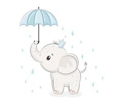 söt elefantpojke med ett paraply. vektor illustration av en tecknad film.